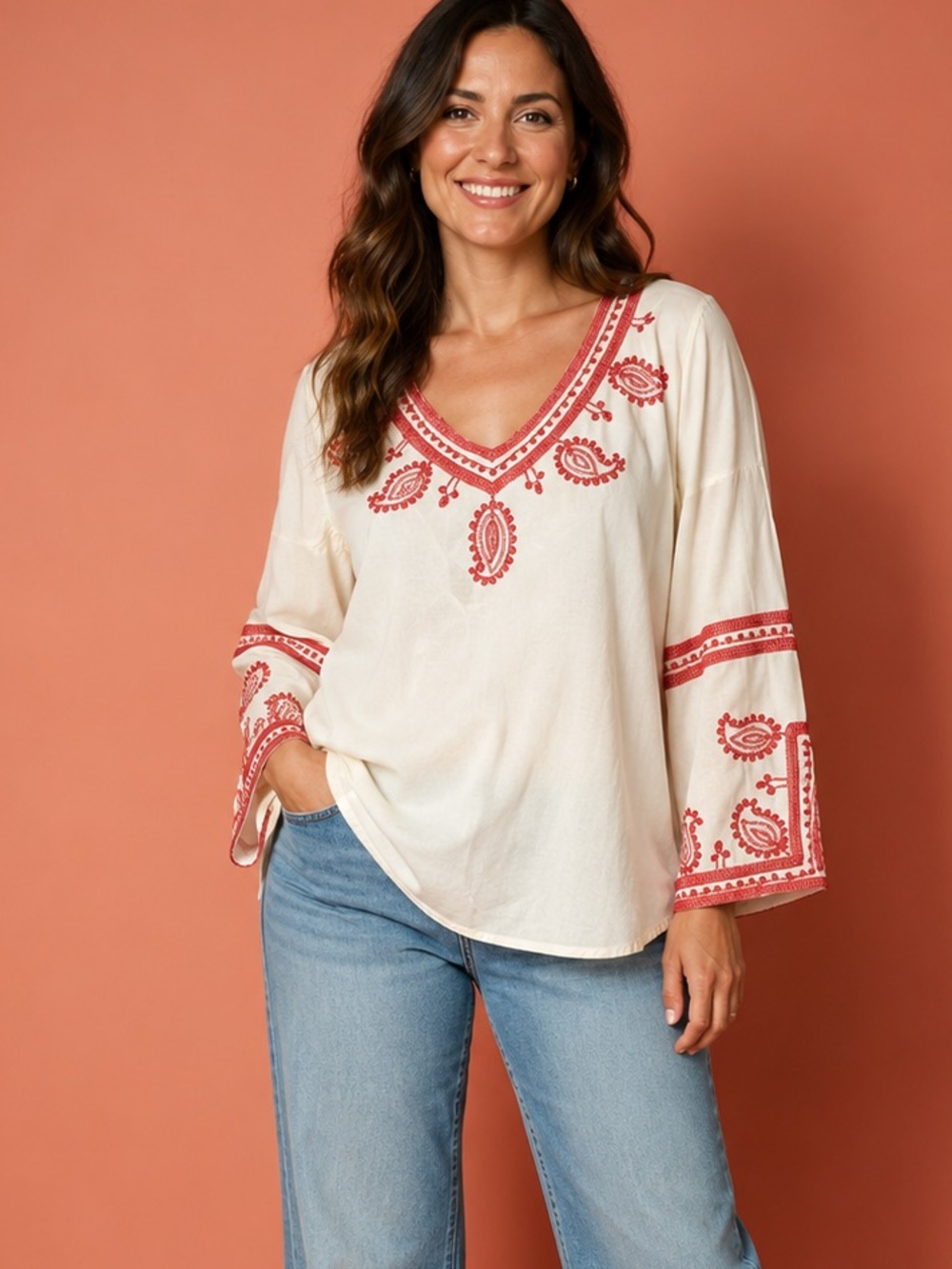 Lucky brand ivory V-Neck Embroidered Boho Top with Red Accents